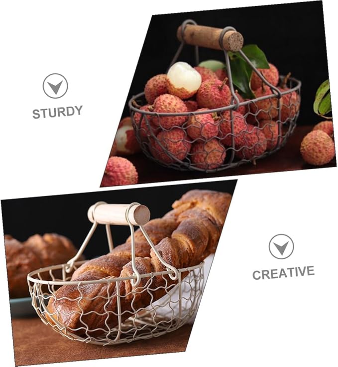 2pcs Retro Farmhouse Style Storage Baskets with Wooden Handles, Vintage Metal Wire Fruit and Vegetable Organizer for Kitchen Pantry, Snack and Egg Holder Set