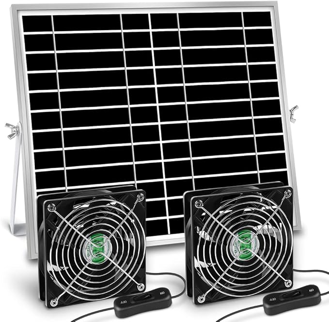 Solar Powered Fan, Solar Fan for Shed, Chicken Coop, Greenhouse, Outside with Two IPX7 Waterproof 5In Fans 13Ft On/Off Switch Cable Exhaust Intake Mounting Way and Installation Kits