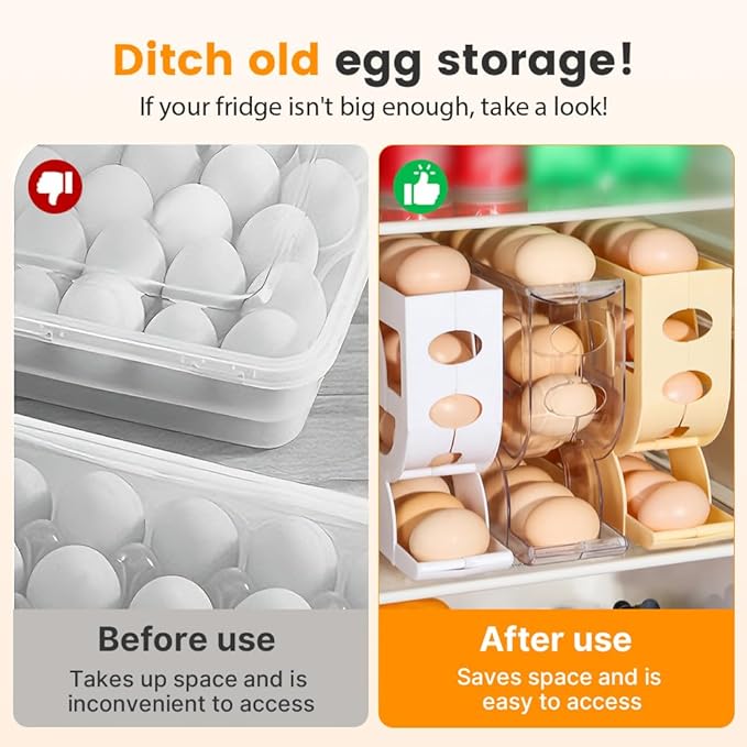 Auto Rolling Egg Holder for Fridge, 4-Tier Egg Dispenser Organizer Holds 28 Eggs, No Assembly Space-Saving Egg Storage Rack for Refrigerator & Countertop (Transparent)