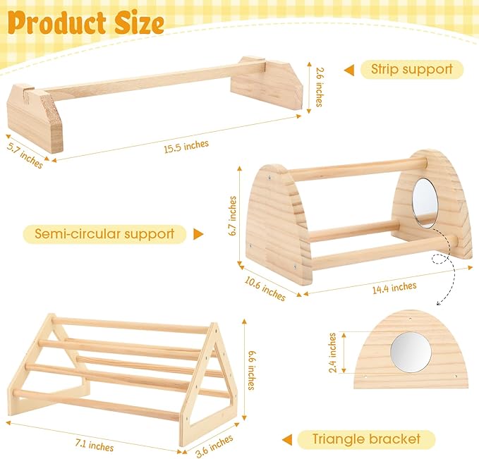 BreezeHug 3 Pcs Chicken Roosting Bar Set Wooden Chick Perch Prevent Rotation Design with Mirror Long Strip Large Triangle Stand Platform for Bird Parrot Macaw Hens Coop Brooder Fun Toys Accessories