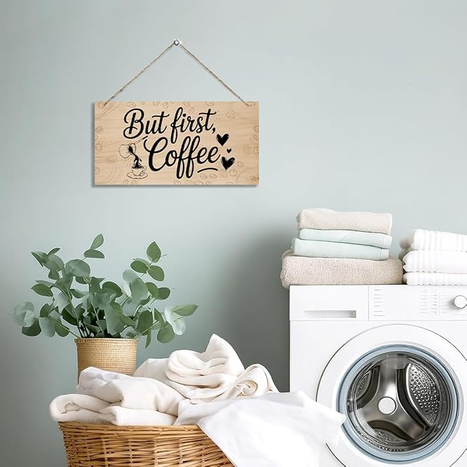 But First Coffee Decorative Sign, Coffee Bar Wooden Hanging Decor Sign, Vintage Kitchen Decor, Retro Wood Grain Decoration, Rustic Wooden Signs for Kitchen Cafe Bar 12 x 6 Inches