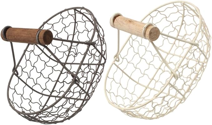 SUPVOX 2pcs Vintage Rustic Iron Wire Fruit Basket with Wooden Handle, Egg and Bread Storage Set for Kitchen Counter, Decorative Farmhouse Style Small Wire Baskets in Dark Gray and Cream