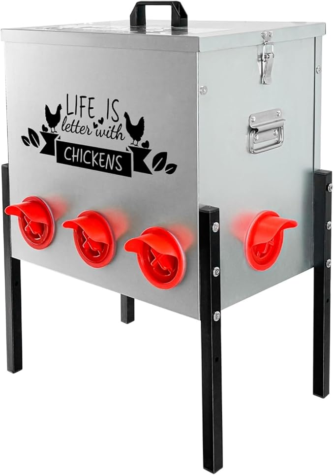 50LB Automatic Chicken Feeder with 8 Ports No Waste Galvanized Metal Poultry Feeder Outdoor Chicken Feeder Box with Adjustable Height Legs and Locking Lid for Chickens Ducks Geese Silver