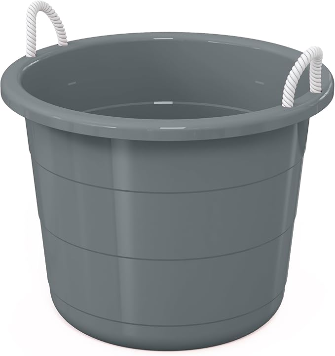 Life Story Open Storage Bucket, Round Plastic Container with Rope Handles, 17 Gallon, Gray, 2 Pack