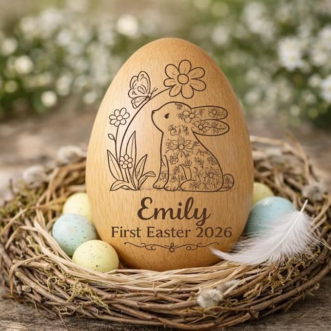 Personalized Wooden Easter Egg – Custom Engraved Bunny Name Egg, Baby First Easter Keepsake Gift, Rustic Wood Bunny Decor, Cute Basket Stuffer for Kids, Spring Holiday Gift for Baby Boy Girl