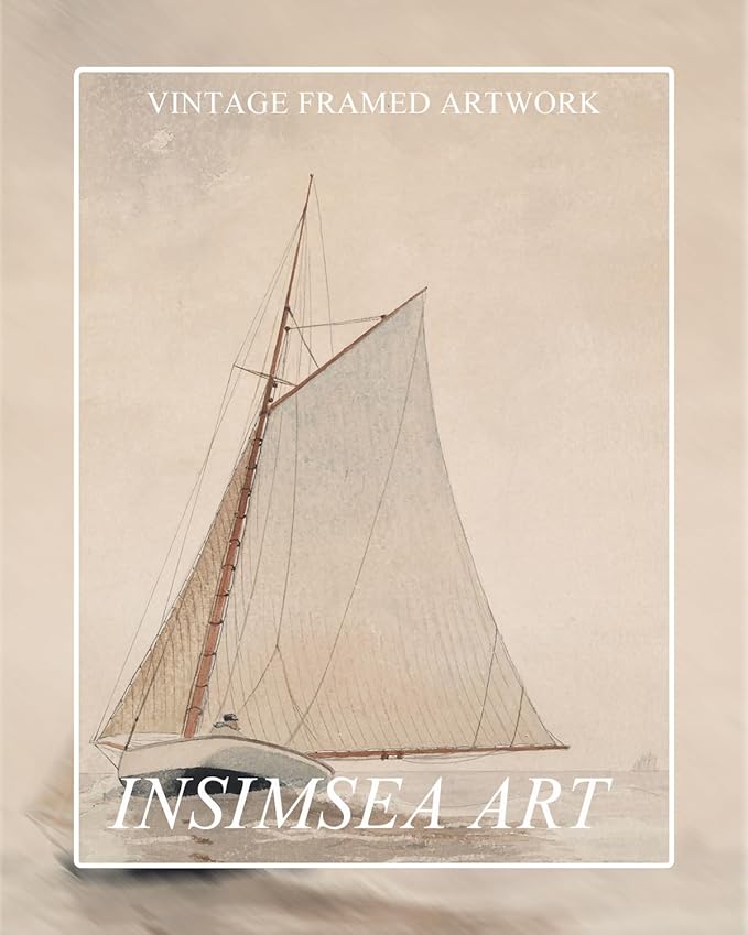 InSimSea Framed Canvas Wall Art, Classical Coastal Wall Decor White Sailboat Seascape Artwork Vintage Painting Beach Home Decor Boho Wall Pictures Farmhouse Art Prints Bathroom Office 12x16in