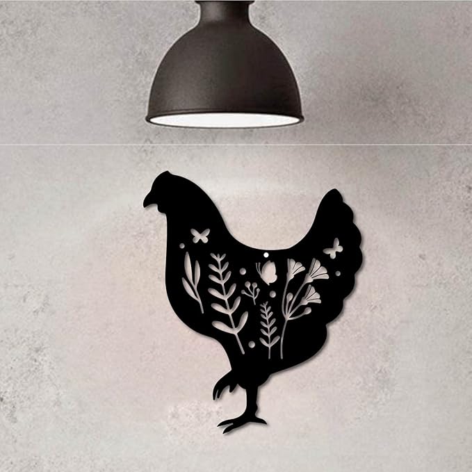 CREATCABIN Metal Chicken Wall Art Rooster Iron Wall Decor Wall Hanging Silhouette Sculpture Farmhouse Sign for Indoor Outdoor Home Living Room Kitchen Garden Office Decoration Gift Black 12 x 10 Inch