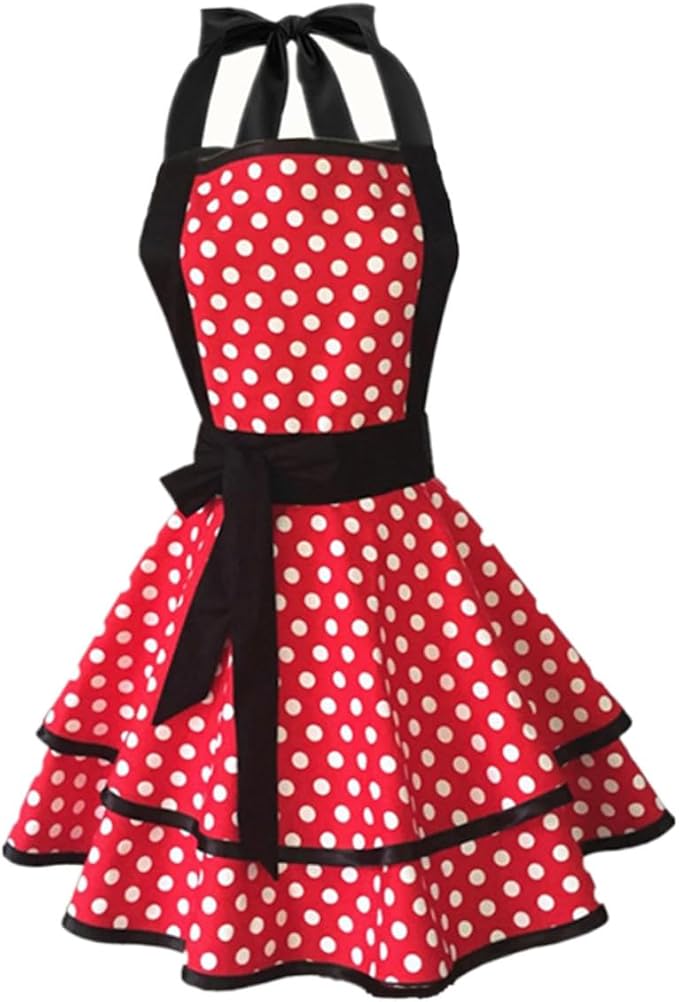 Cotton Dot Pattern Double-layer Apron for Women Lace-up Neck Strap Kitchen Cooking and Cleaning Work Apron for Home Hotel Use Soft