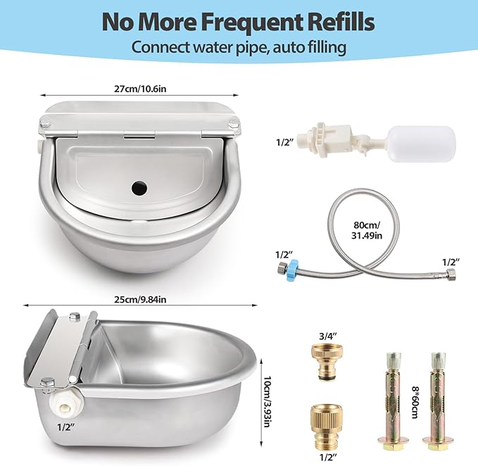 Automatic Water Dispenser for Chicken, 304 Stainless Steel Outdoor Auto Fill Waterer Bowl Self Refilling Watering System with 2 Float Valves and Drainage Hole for Chicken,Duck,Poultry