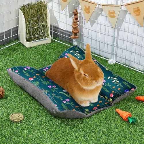 15"x14" Soft Plush Rabbit Bed Washable Cuddle Mat for Small Pets - Medium, Dark Green Flowers, Polyester - Image 2