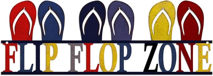 Metal Flip Flop Zone Wall Hanging Decor Sign, Vintage Flip Flop Coastal Decorations for Home Bathroom Bedroom, 5.5x16 inches
