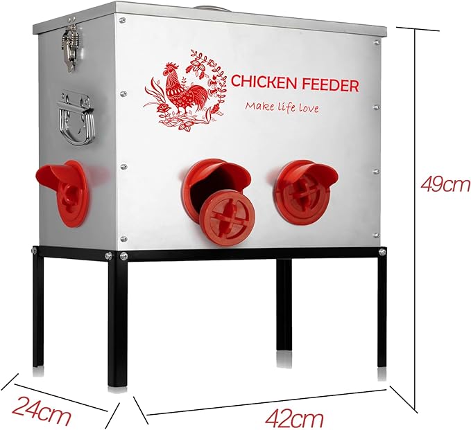 Automatic Chicken Feeder Capacity 6 Port Large Metal Chicken Feeders No Waste Poultry Feeder with Locking Lid and Legs for Inside Chicken Coops for Chickens, Ducks, Geese (A24-1)