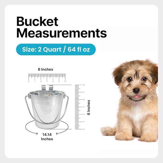 Half Gallon Stainless Steel Bucket - Heavy Duty Flat-Side Metal Bucket for Pets & Livestock Feeding - Rust Resistant Water Bucket with Hooks for Kennels, Cages, Crates & Fences - 2 Quart