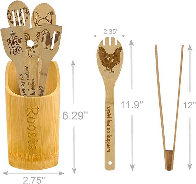 8PCS Wooden Cooking Spoons with Holder - Rooster Kitchen Decor, Farmhouse Style, Chicken Gifts for Women, Housewarming & Wedding Gift