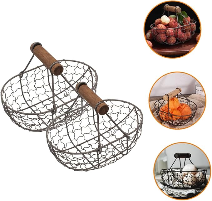 2pcs Iron Fruit Basket with Wooden Handles, Vintage Farmhouse Style Egg and Snack Storage Baskets, Small Gray-black Metal Kitchen Pantry Organizer