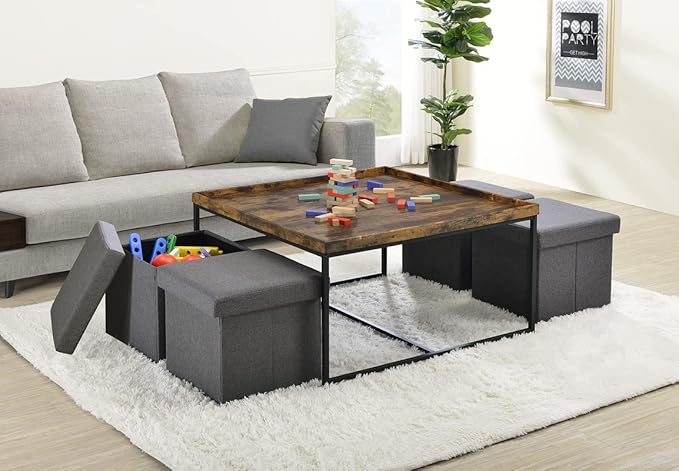 Ergode Vinny Weathered Oak Wood Grain Coffee Table Set|5-Piece with Raised Edges|Stylish & Compact|Black Metal Frame|Storage Bins|Lilola Home