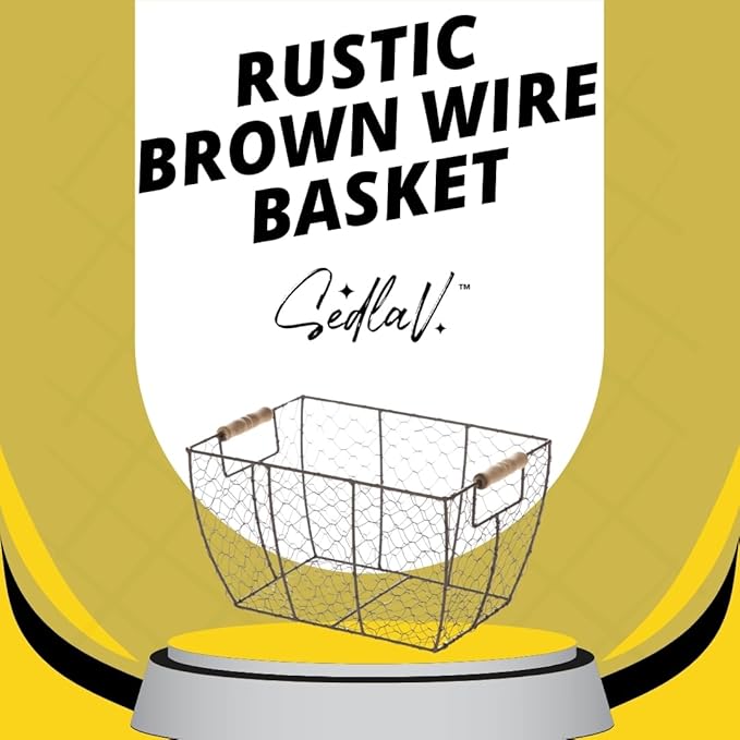 SEDLAV Rustic Farmhouse Brown Wire Basket with Wooden Handles - Vintage Chicken Wire Storage, Kitchen Organizer, Decorative Handwoven Bin for Eggs, Country Style Home Decor