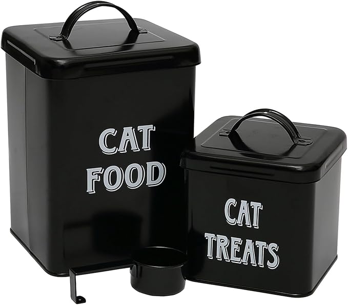 Morezi Cat Food Storage Container Farmhouse Pet Food Treats holder with Lid and Scoop, Perfect Sturdy Canister Tins for Kitchen Countertop, Shelf, Great Gift for Pet Owners - Cat Food - Black