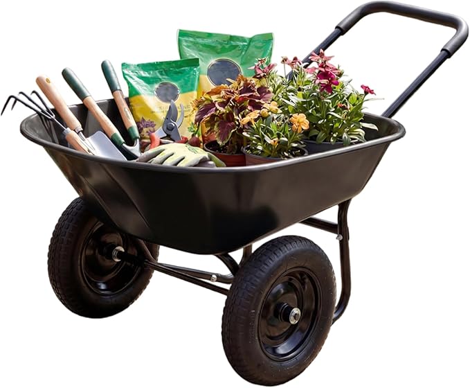 IRONMAX Dual-Wheel Wheelbarrow, Heavy Duty Wheel Barrel with All-Terrain Wheels, 330 LBS Utility Yard Cart with Built-in Stand, Outdoor Gardening Carts for Lawn, Farm, Planting (Black)