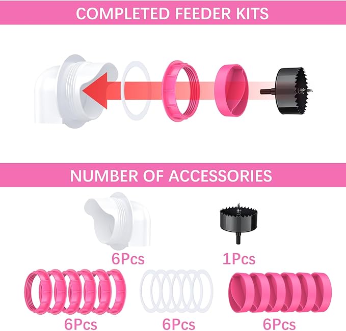 Chicken Feeder Port, 6 Pack Chicken Feeders No Waste with 6 Lids 1 Drill Bit, DIY Automatic Poultry Feeder Cups Kit, Chicken Bucket Feeder for Barrels (Pink)
