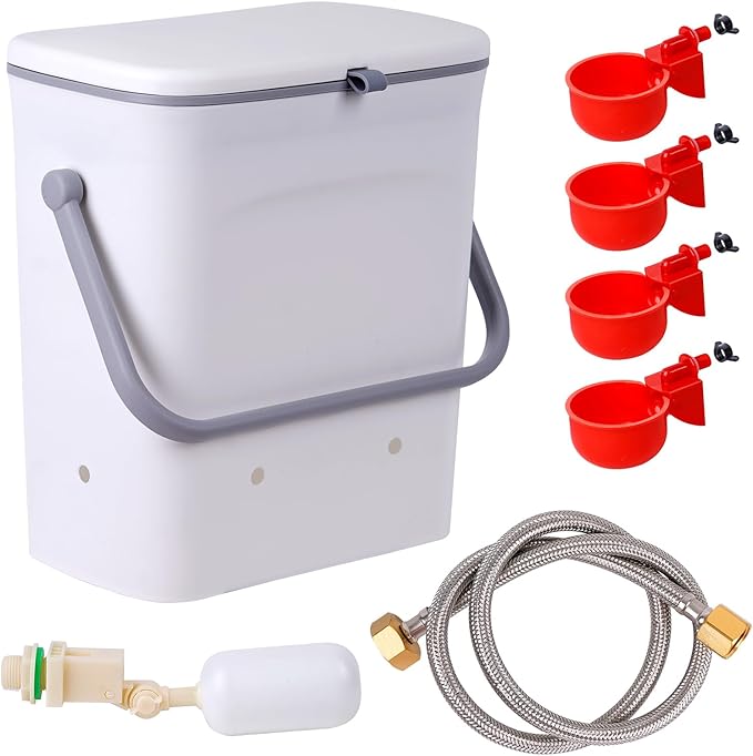 Automatic Chickens Waterer with Float Valve, 2 Gallons Poultry Water Feeder Drinking Dispenser with 4 Water Cups, Chicken Drinker with Hose Attachment for Chicks, Gooses, Ducks, Turkeys