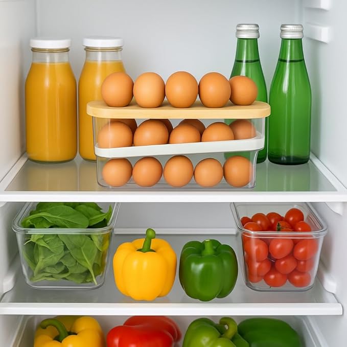 18 Egg Dispenser for Refrigerator – Durable Organizer with Wooden Lid, Space-Saving Egg Storage Bin for Freshness, Kitchen Organization, Easy Access & Stylish Design