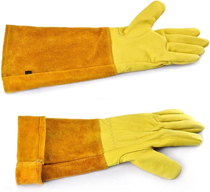 KINDE Gardening Gloves - Thorn Proof Cowhide Leather Rose/Blackberry Pruning Long Forearm Protection Gauntlet, Work Garden Gloves (BROWN, Medium)