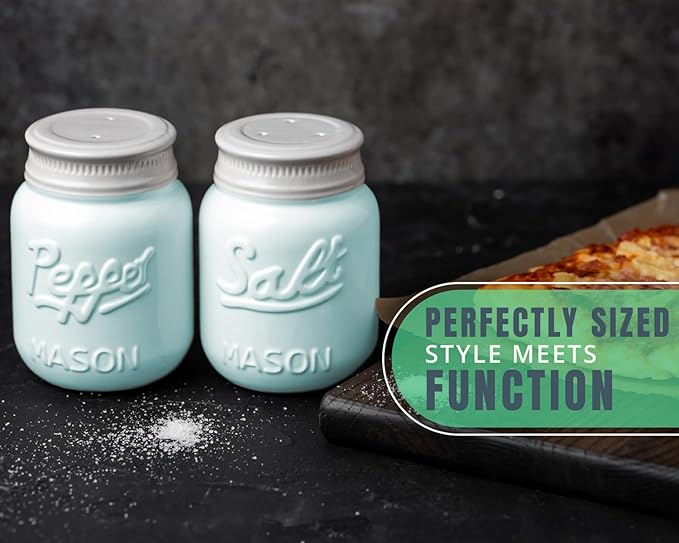 Comfify Mason Jar Salt & Pepper Shakers – Aqua Blue Ceramic – Rustic Shabby Chic Kitchen Decor