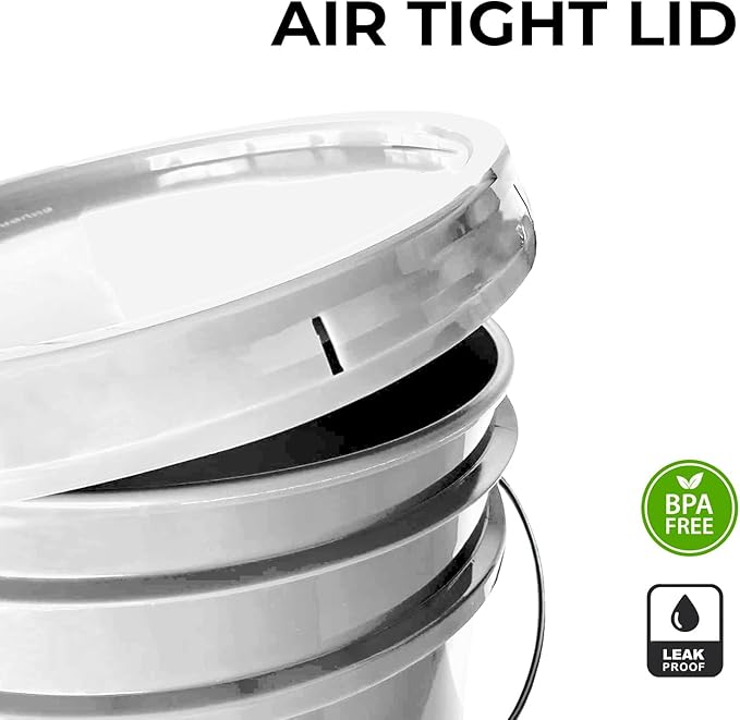 6.5-Gallon White Bucket Pail Container with Lid | Food Grade | Heavy-Duty 90MIL Extra Durable | Metal Handles with Plastic Grip for Easy Carrying | Multi-Use | Easy Stack and Store | BPA Free - 1 Pack