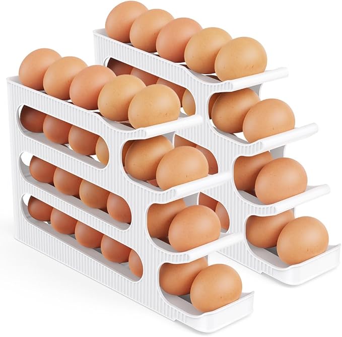 Egg Holder for Fridge, 4 Tiers Auto Rolling Egg Storage Organizer for Refrigerator, Slim Space Saving Container, Dispenser, Egg Roller for Eggs 48 Count