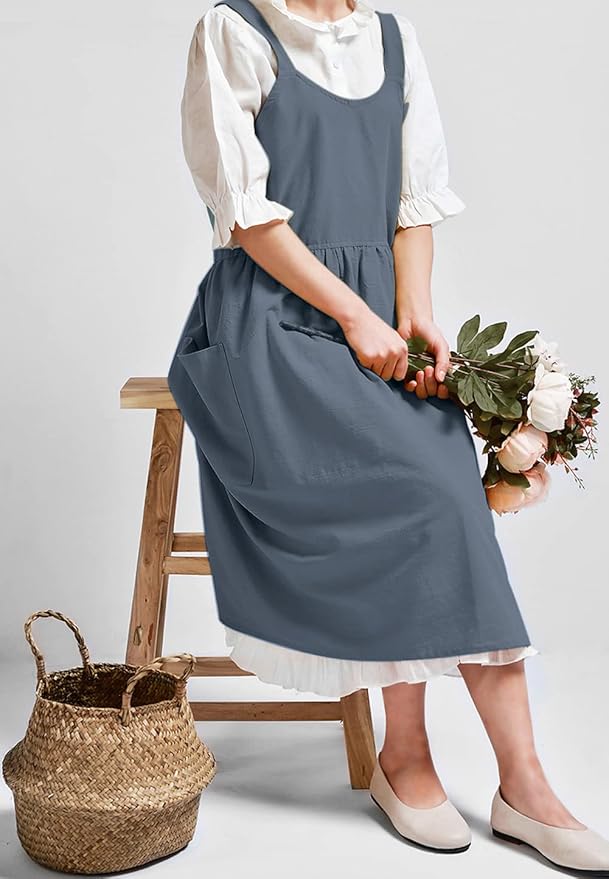 NEWGEM Cotton Linen Cross Back Apron for Women with Pockets Japanese Kitchen Cooking Aprons Blue Grey
