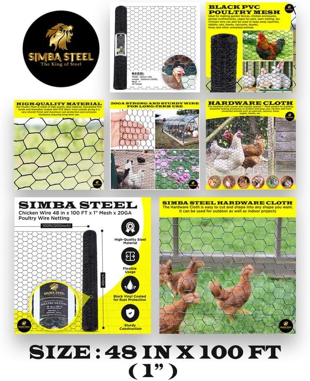 48” x 100 FT PVC Hexagonal Poultry Netting Chicken Wire | 1" Mesh | 20 Gauge | Black PVC Vinyl Coated | Rust Proof | for Garden, Fence, Chicken, Rabbit, Pet Enclosure