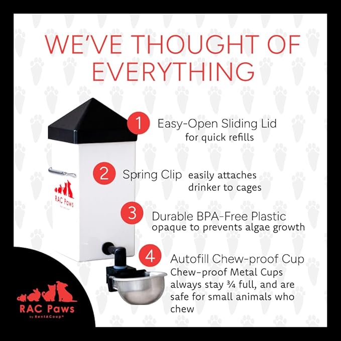 RentACoop No-Drip 32oz Small Animal Drinking Bottle with Auto-Fill Metal Cup for Small Pet/Bunny/Ferret/Hamster/Guinea Pig/Rabbit/Chinchilla/Mouse/Rat. Food Grade Plastic