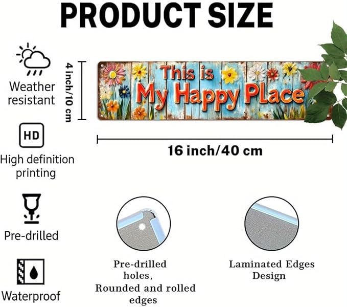 This is My Happy Place Metal Tin Sign Rustic Floral Wall Decor for Farmhouse Kitchen Living Room Bedroom Entryway 4x16 Inch