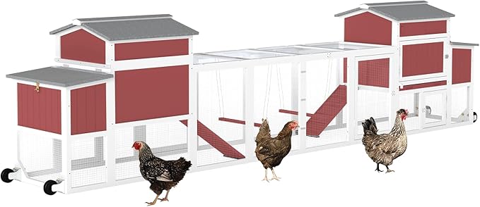 Chicken Coop Mobile Wooden Hen House with Nesting Box,166.4" L Outdoor Chicken House with 4 Wheels and Removable Tray,Fir Wood Chicken Tractor with 12 Ventilation Door and 2 Ramps,RED