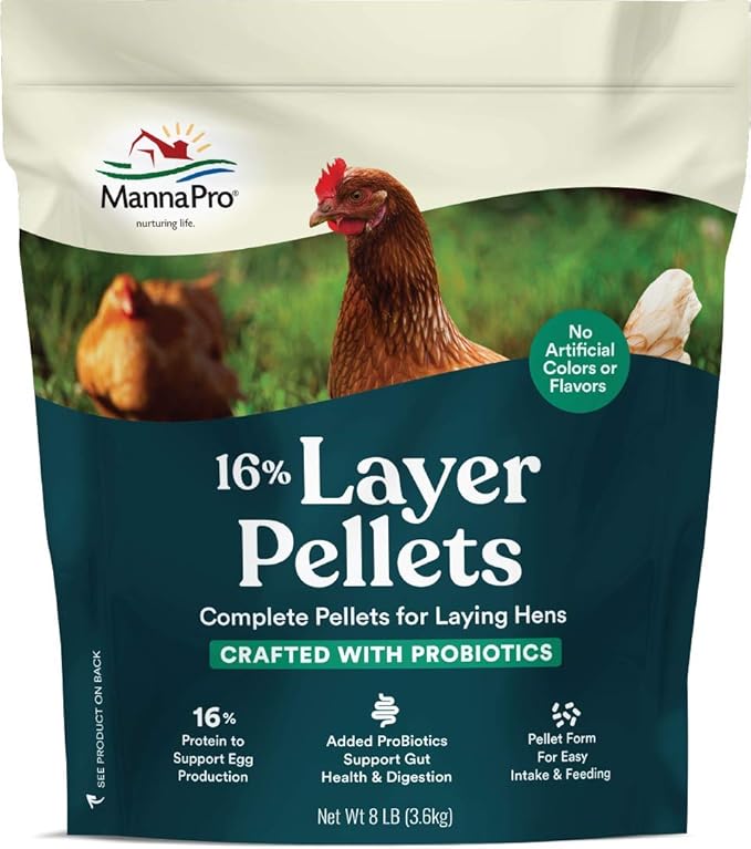 Manna Pro 16% Chicken Feed with Probiotics | Layer Crumbles and Pellets | 8 Pounds Each