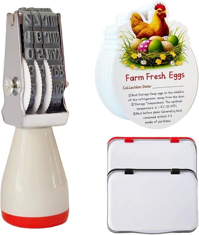 Egg Dater Kit, Date Stamp, 2 Fade-Resistant Inks (Red & Black), Stamper Pad, 50 Farm Fresh Eggs Instructions, for Chicken Duck Turkey Goose Eggs
