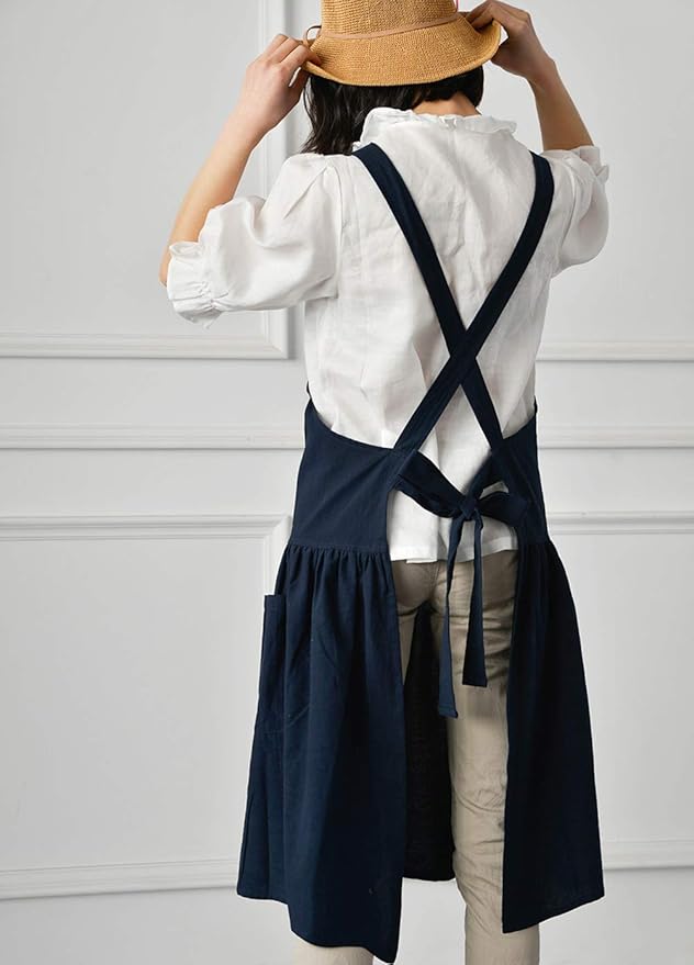 NEWGEM Cotton Linen Cross Back Apron for Women with Pockets for Cooking Baking Navy Blue with Waist Ties