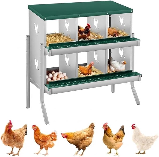 Nesting Boxes for Chickens, 6 Compartments, Nesting Boxes with 4 Dummy Eggs and 10 Dampproof Pets Mats, Green, Stainless Steel, Wall-Mountable & Roll Away Design with Stand