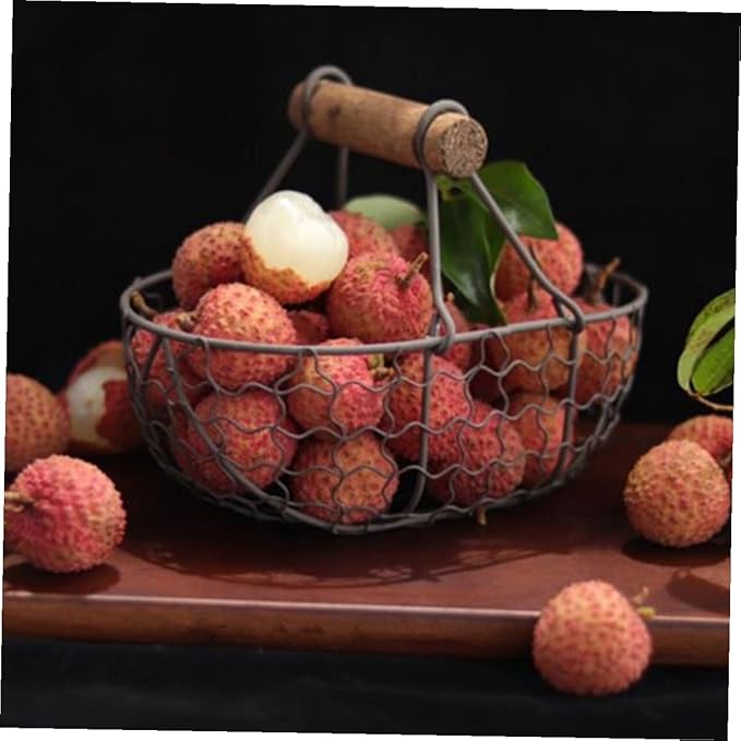 GALPADA 2pcs Retro Vintage Metal Fruit Basket with Wooden Handles, Kitchen Storage Organizer for Eggs, Bread, and Snacks, Farmhouse Style Food Container for Household Use