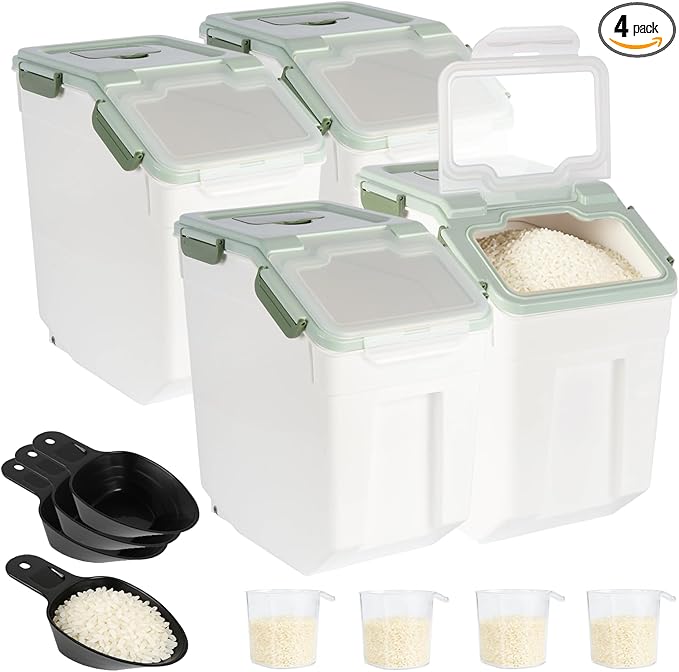 4 Pack Rice Container 25 lbs Large Bulk Flour Sugar Storage Holdhouse Plastic Grain Cereal Dry Goods Bin with Spoon and Measuring Cup for Kitchen Pantry Organization - Green