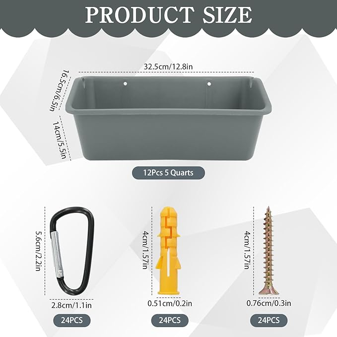 12 Pcs 5 Quart Hanging Chicken Feeders with Metal Clips Duck Water Trough Goat Feeder Bucket Container Chicken Waterer for Fence Deer Horse Pig Turkeys Goose Poultry Livestock Supplies