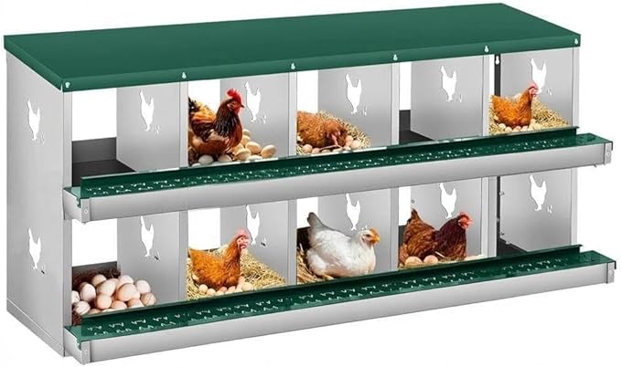 10-Hole Double-Tier Chicken Nesting Box - Large Galvanized Steel Rollaway Egg Laying Box - Vented, Easy Clean, Wall Mount or Freestanding Hen Coop Accessory with Egg Collection Tray, Green,