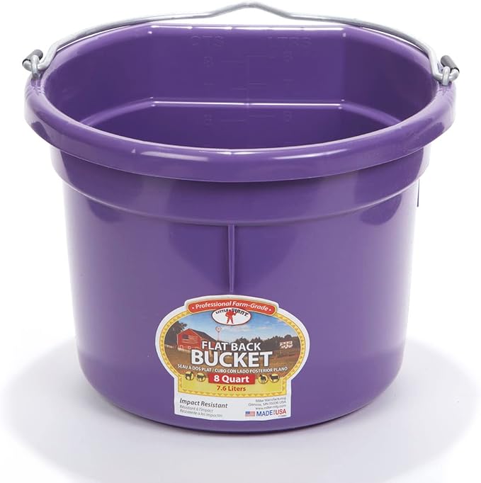 Little Giant® Flat Back Plastic Animal Feed Bucket | Animal Feed Bucket with Metal Handle | Horse Stall Feeding and Watering Supplies (Purple, 8 Quart)