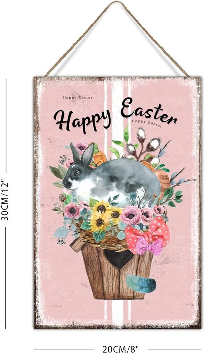 Happy Easter Flower Basket Bunny Wood Art Plaque French Style Floral Pink Stripes Wood Plaque Hello Spring Happy Easter Day Wood Plaques for Game Room Playroom 8x12in