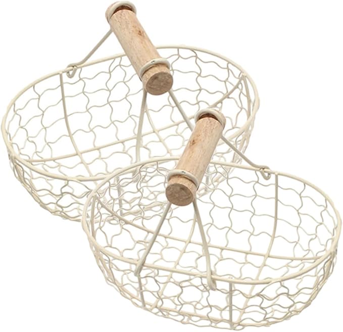 2pcs Rustic Iron Wire Basket with Wooden Handle, Multi-function Farmhouse Style Countertop Fruit and Egg Storage Organizer for Kitchen and Pantry