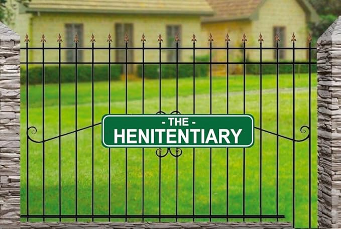 The Henitentiary Sign Chicken Coop Rustic Metal Street Sign or Door Name Plate Plaque Home Patio Garden Bar Farm House Garage Wall Decor Green Tin Signs 16 X 4 Inch