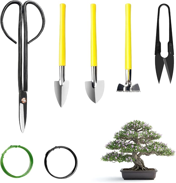 Bonsai Tools Set 7Pcs, MOSFiATA Bonsai Tree Tools Kit Succulent Trimming Tools Include Scissors, Cutters, Rake, Round and Pointed Shovel &Training Wire for Bonsai Beginner Gardening Gifts