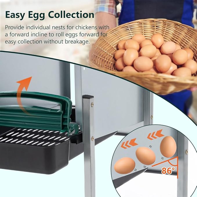 4-Compartment Chicken Nesting Box with Roll-Away Egg Tray – Galvanized Steel Wall-Mount or Freestanding Hen Laying Box with Legs, Easy-Clean Tray – Durable Nest Box for Chickens, Ducks, Hens