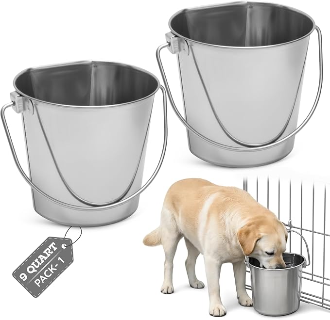 Flat Side Stainless Steel Bucket 9 Quart Hanging Feeding Utility Pail for XL Dog Goat Sheep Horse Livestock, Fits Kennel Cage Farm, Heavy Duty Food & Water Feeder, 2.25Gallon Silver 2Pack